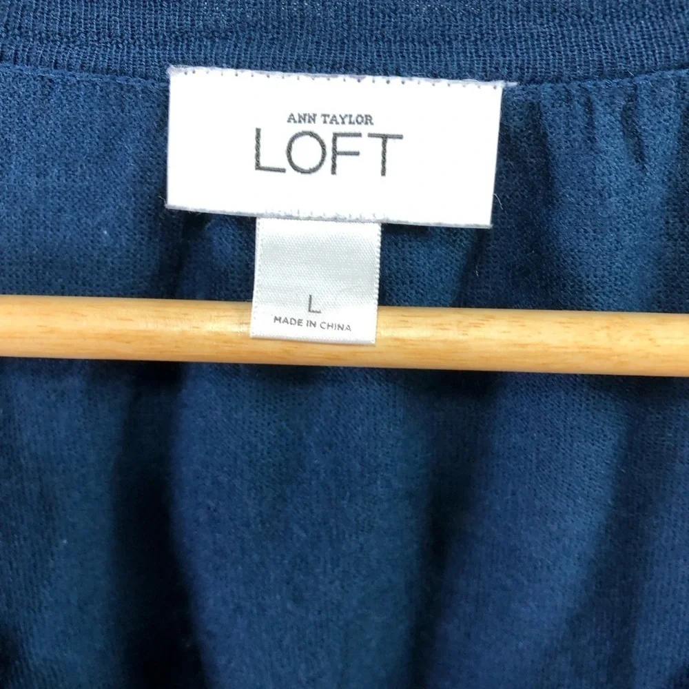 Loft Button Front Blue Cardigan Women's L Wool Blend Ruched Classic Feminine
